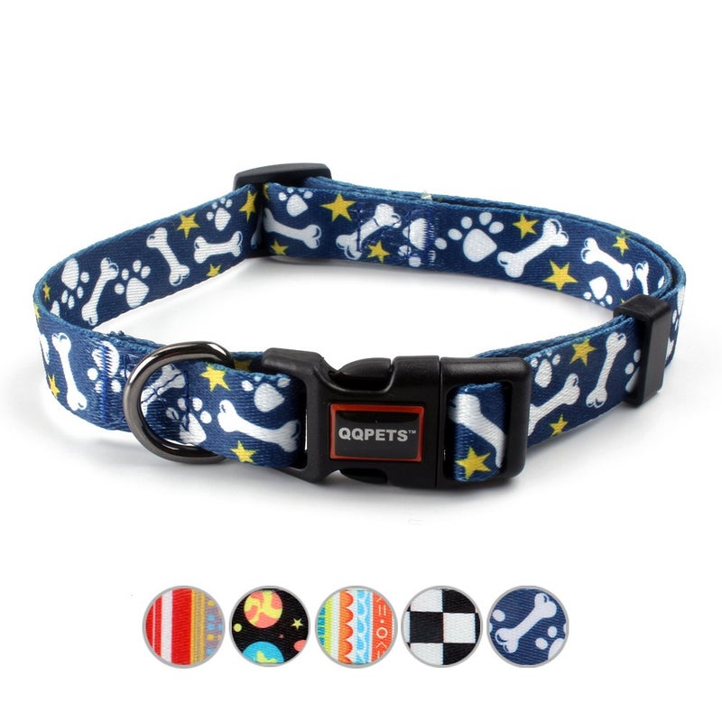 QQPETS Adjustable Soft Dog Collar: Print Flower Pink Multicolor Cute Patterns for XS Small Medium Large Pet Girl Boy Puppy Walking Running Training (L, Bone) - Image 1